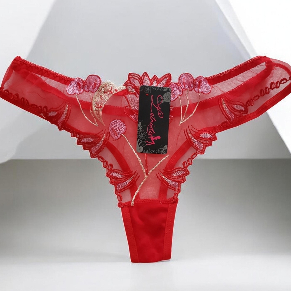Women's Red Floral Lace Thong Panty